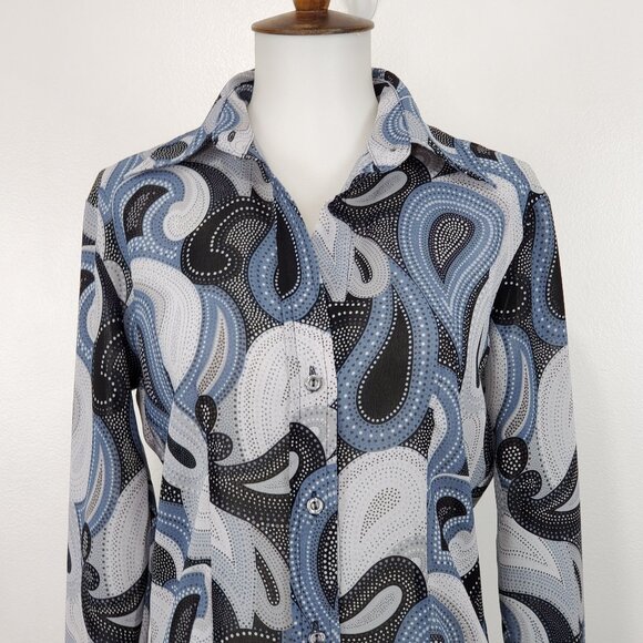 New York & Company Gray Blue Black Paisley French Cuff Retro Top Blouse Size XS - Picture 2 of 13